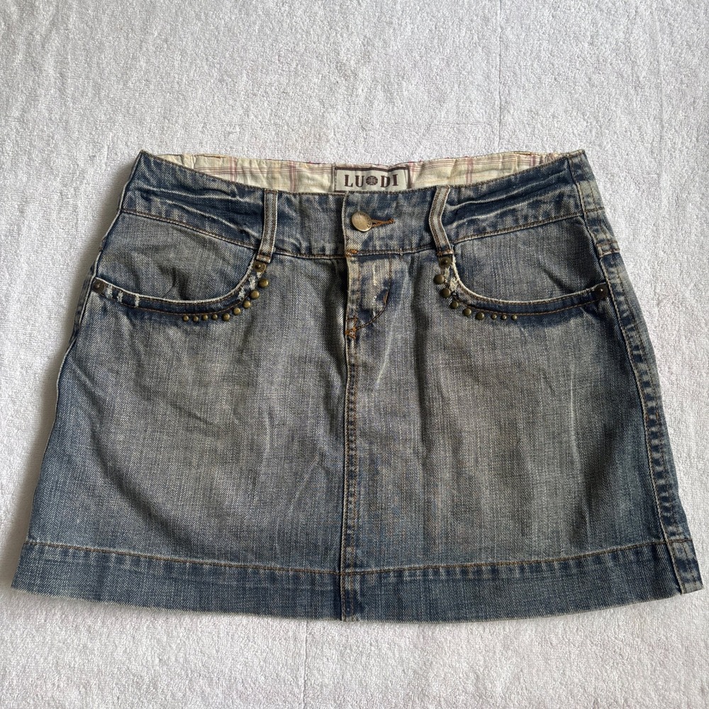 Luodi Y2K Denim Mini Skirt Embroidered Beaded Medium Wash Blue Cotton Size 48 - Picture 3 of 5